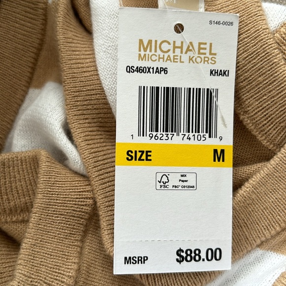 MICHAEL KORS WOMENS STRIPPED KNIT TANK TOP. CREW NECK.  Medium, khaki/white - Picture 12 of 12